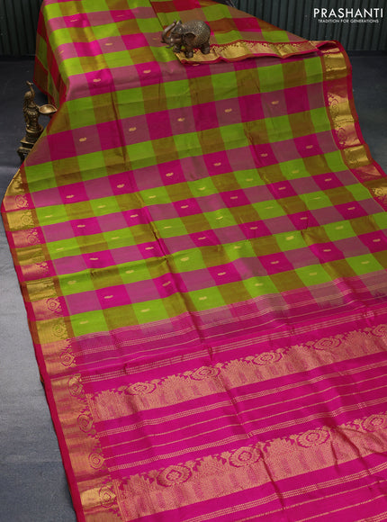 Silk cotton saree light green and pink with allover paalum pazhamum checks & zari buttas and zari woven border