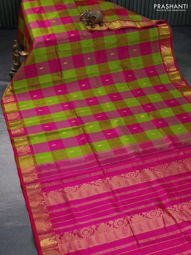 Silk cotton saree light green and pink with allover paalum pazhamum checks & zari buttas and zari woven border