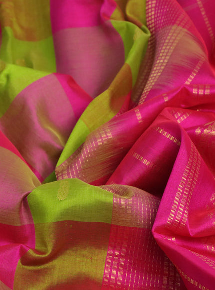 Silk cotton saree light green and pink with allover paalum pazhamum checks & zari buttas and zari woven border