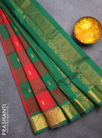 Silk cotton saree red and green with allover paalum pazhamum checks & zari buttas and zari woven border