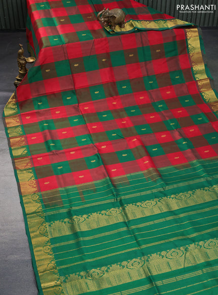 Silk cotton saree red and green with allover paalum pazhamum checks & zari buttas and zari woven border