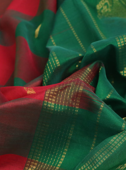 Silk cotton saree red and green with allover paalum pazhamum checks & zari buttas and zari woven border