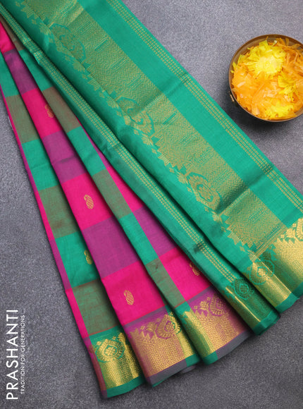 Silk cotton saree pink and green with allover paalum pazhamum checks & zari buttas and zari woven border