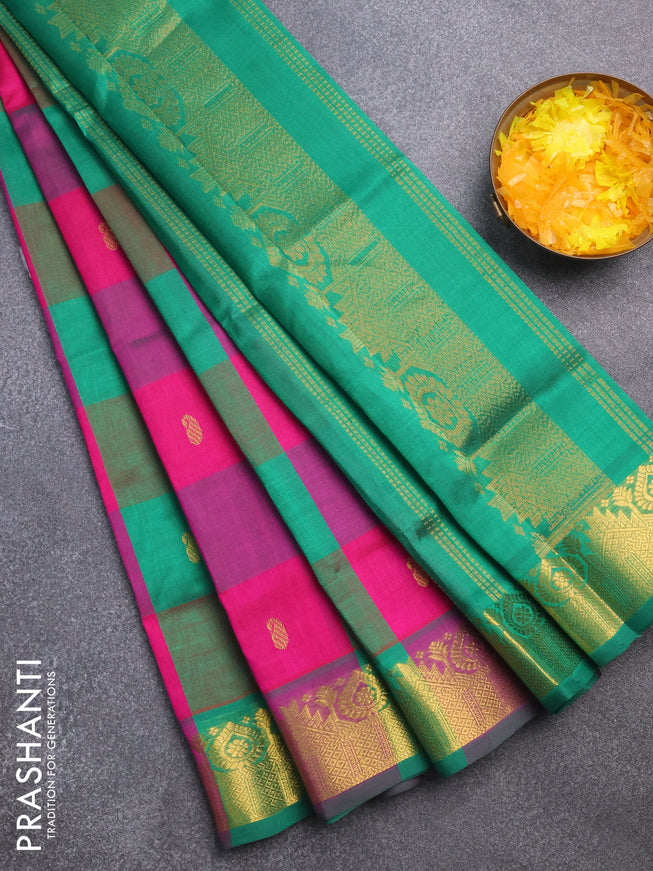 Silk cotton saree pink and green with allover paalum pazhamum checks & zari buttas and zari woven border