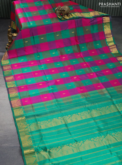 Silk cotton saree pink and green with allover paalum pazhamum checks & zari buttas and zari woven border