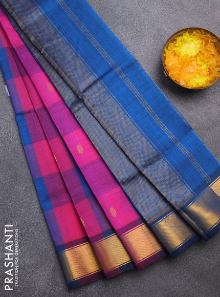 Silk cotton saree pink and peacock blue with allover paalum pazhamum checks & zari buttas and zari woven border