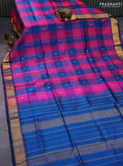 Silk cotton saree pink and peacock blue with allover paalum pazhamum checks & zari buttas and zari woven border