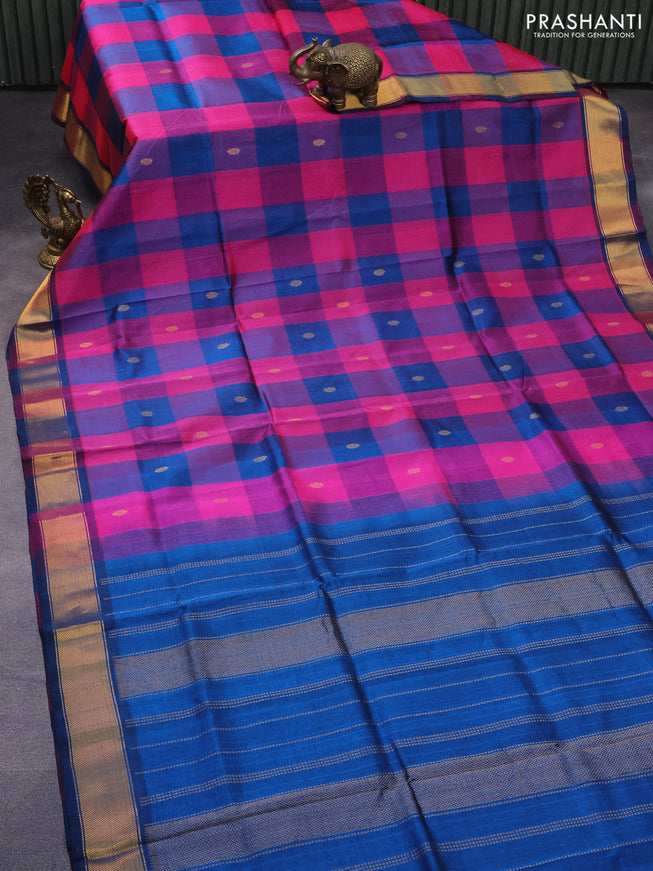 Silk cotton saree pink and peacock blue with allover paalum pazhamum checks & zari buttas and zari woven border