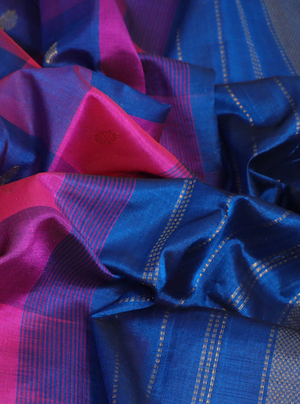 Silk cotton saree pink and peacock blue with allover paalum pazhamum checks & zari buttas and zari woven border