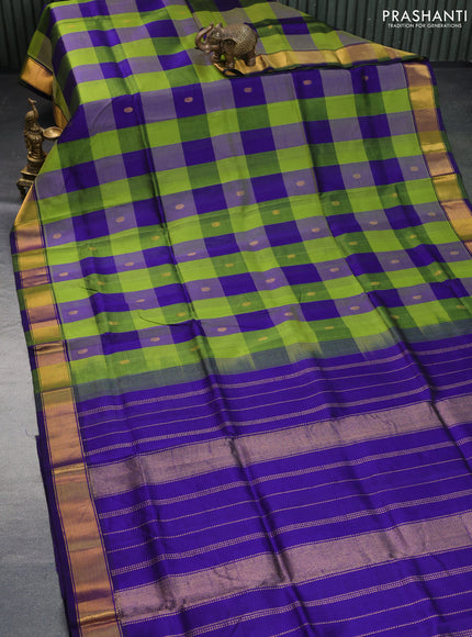 Silk cotton saree light green and blue with allover paalum pazhamum checks & zari buttas and zari woven border