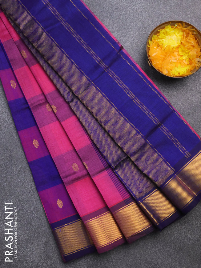 Silk cotton saree pink and blue with allover paalum pazhamum checks & zari buttas and zari woven border