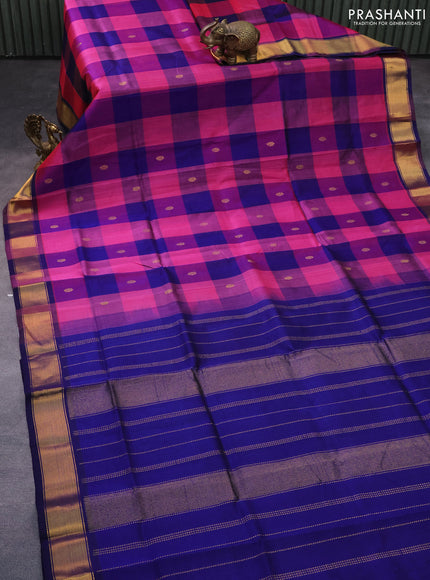 Silk cotton saree pink and blue with allover paalum pazhamum checks & zari buttas and zari woven border