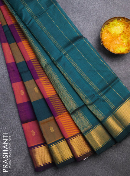 Silk cotton saree multi colour and peacock green with allover paalum pazhamum checks & zari buttas and zari woven border