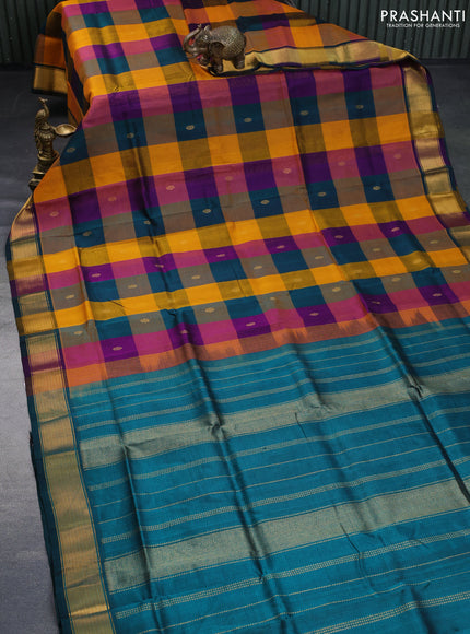 Silk cotton saree multi colour and peacock green with allover paalum pazhamum checks & zari buttas and zari woven border