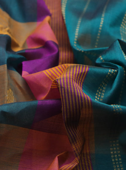 Silk cotton saree multi colour and peacock green with allover paalum pazhamum checks & zari buttas and zari woven border