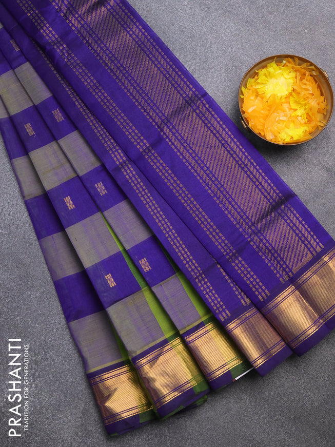 Silk cotton saree light green and blue with allover paalum pazhamum checks & zari buttas and zari woven border