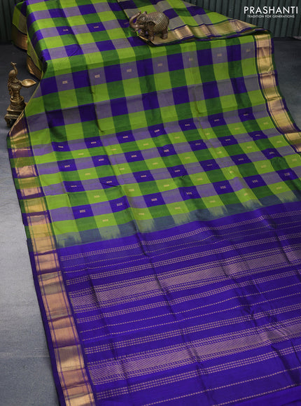 Silk cotton saree light green and blue with allover paalum pazhamum checks & zari buttas and zari woven border