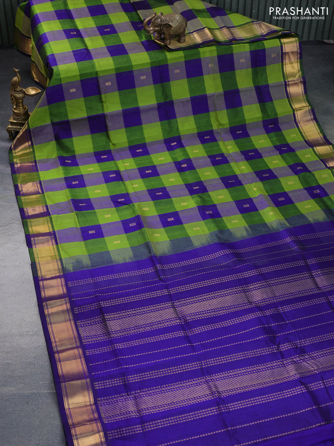 Silk cotton saree light green and blue with allover paalum pazhamum checks & zari buttas and zari woven border