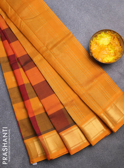 Silk cotton saree maroon and mustard yellow with allover paalum pazhamum checks & zari buttas and zari woven border