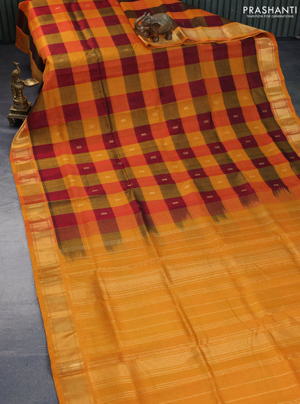 Silk cotton saree maroon and mustard yellow with allover paalum pazhamum checks & zari buttas and zari woven border