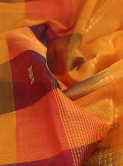 Silk cotton saree maroon and mustard yellow with allover paalum pazhamum checks & zari buttas and zari woven border