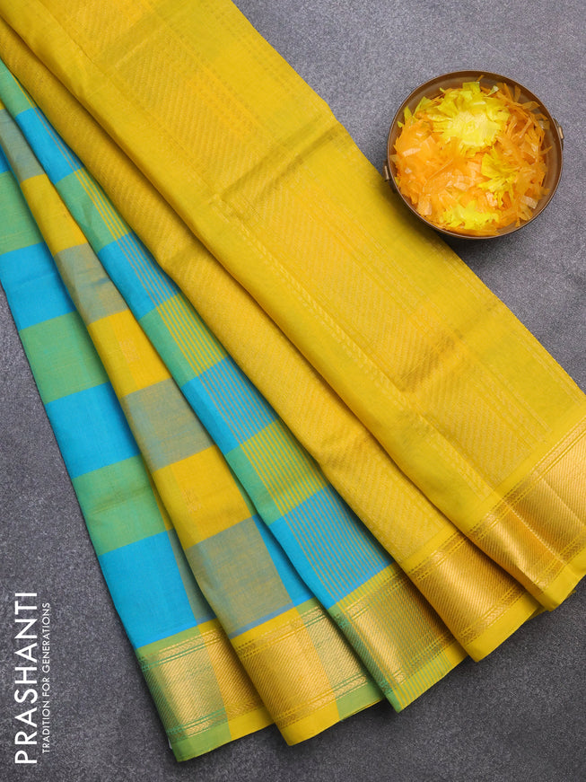 Silk cotton saree teal blue and yellow with allover paalum pazhamum checks & zari buttas and zari woven border