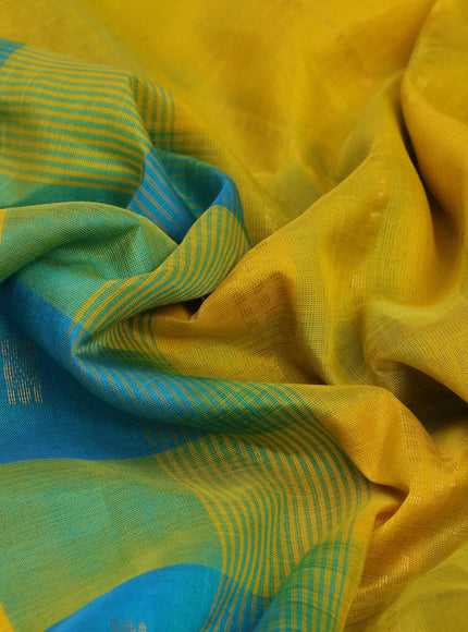 Silk cotton saree teal blue and yellow with allover paalum pazhamum checks & zari buttas and zari woven border