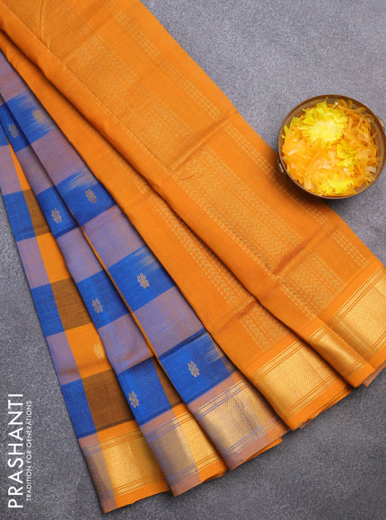 Silk cotton saree peacock blue and mustard yellow with allover paalum pazhamum checks & zari buttas and zari woven border