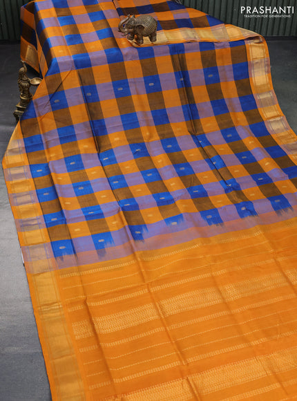 Silk cotton saree peacock blue and mustard yellow with allover paalum pazhamum checks & zari buttas and zari woven border