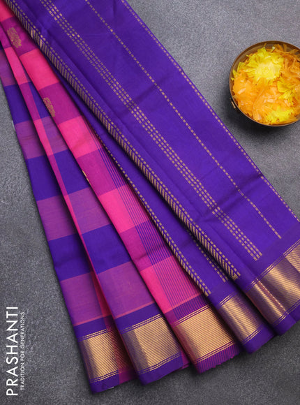 Silk cotton saree pink and blue with allover paalum pazhamum checks & zari buttas and zari woven border