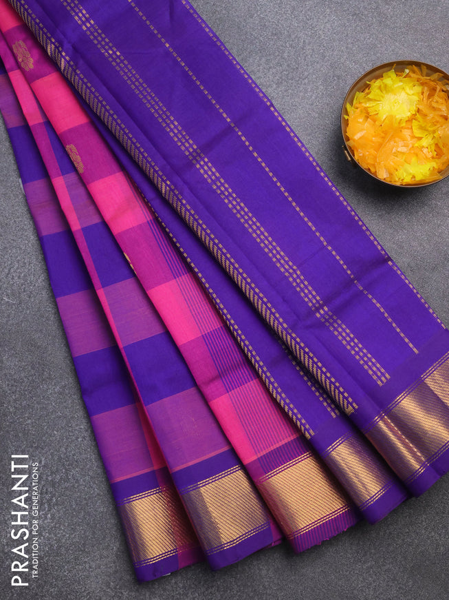 Silk cotton saree pink and blue with allover paalum pazhamum checks & zari buttas and zari woven border