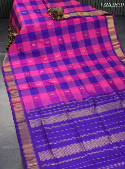 Silk cotton saree pink and blue with allover paalum pazhamum checks & zari buttas and zari woven border