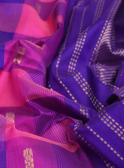 Silk cotton saree pink and blue with allover paalum pazhamum checks & zari buttas and zari woven border