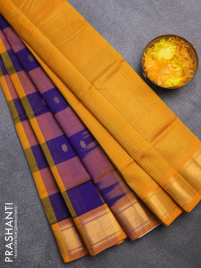 Silk cotton saree blue and mango yellow with allover paalum pazhamum checks & zari buttas and zari woven border