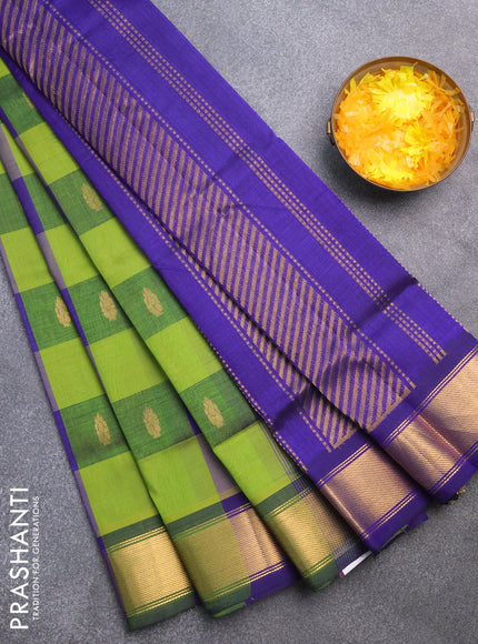 Silk cotton saree green and blue with allover paalum pazhamum checks & zari buttas and zari woven border