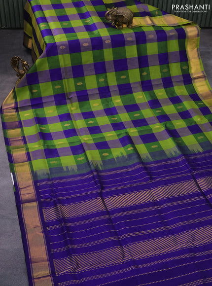 Silk cotton saree green and blue with allover paalum pazhamum checks & zari buttas and zari woven border