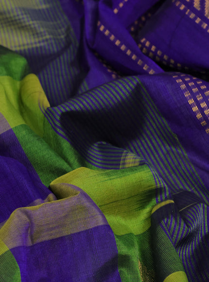 Silk cotton saree green and blue with allover paalum pazhamum checks & zari buttas and zari woven border