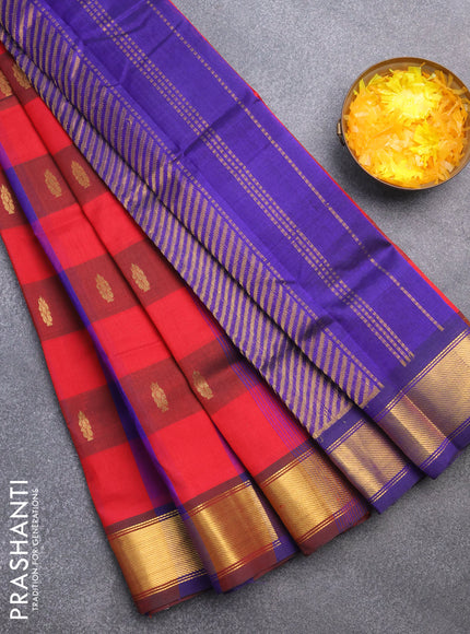 Silk cotton saree red and blue with allover paalum pazhamum checks & zari buttas and zari woven border