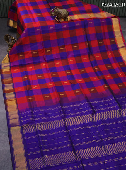 Silk cotton saree red and blue with allover paalum pazhamum checks & zari buttas and zari woven border