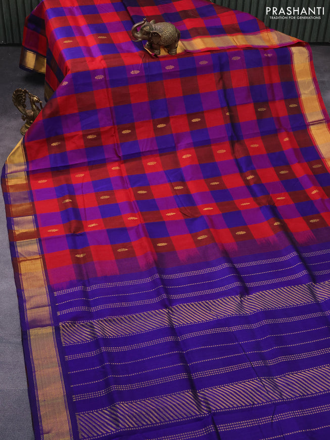 Silk cotton saree red and blue with allover paalum pazhamum checks & zari buttas and zari woven border