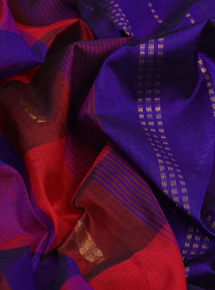 Silk cotton saree red and blue with allover paalum pazhamum checks & zari buttas and zari woven border