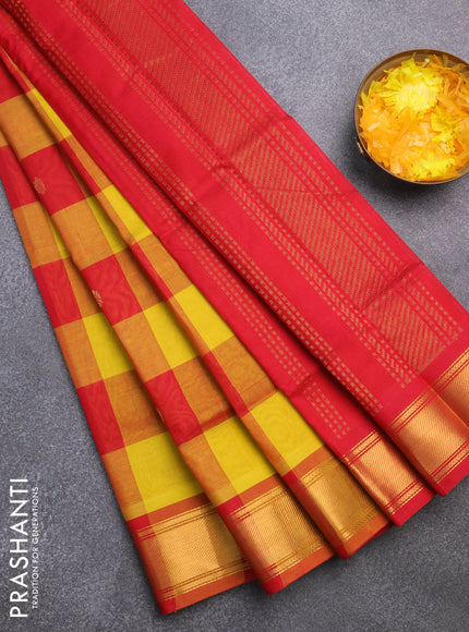 Silk cotton saree yellow and red with allover paalum pazhamum checks & zari buttas and zari woven border