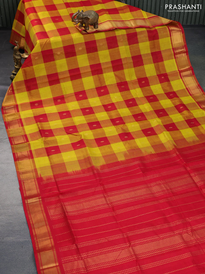 Silk cotton saree yellow and red with allover paalum pazhamum checks & zari buttas and zari woven border