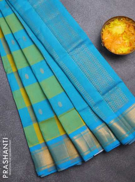 Silk cotton saree yellow and teal blue with allover paalum pazhamum checks & zari buttas and zari woven border