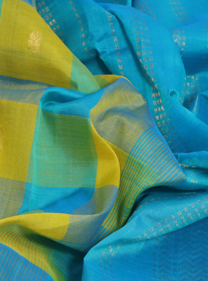 Silk cotton saree yellow and teal blue with allover paalum pazhamum checks & zari buttas and zari woven border