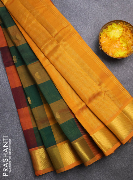 Silk cotton saree multi colour and mustard yellow with allover paalum pazhamum checks & zari buttas and zari woven border