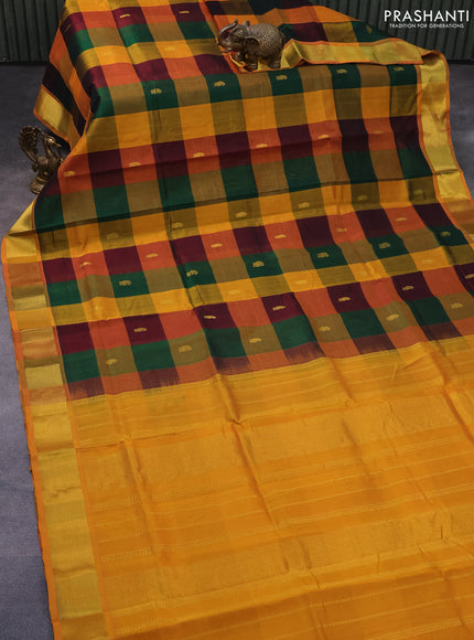 Silk cotton saree multi colour and mustard yellow with allover paalum pazhamum checks & zari buttas and zari woven border