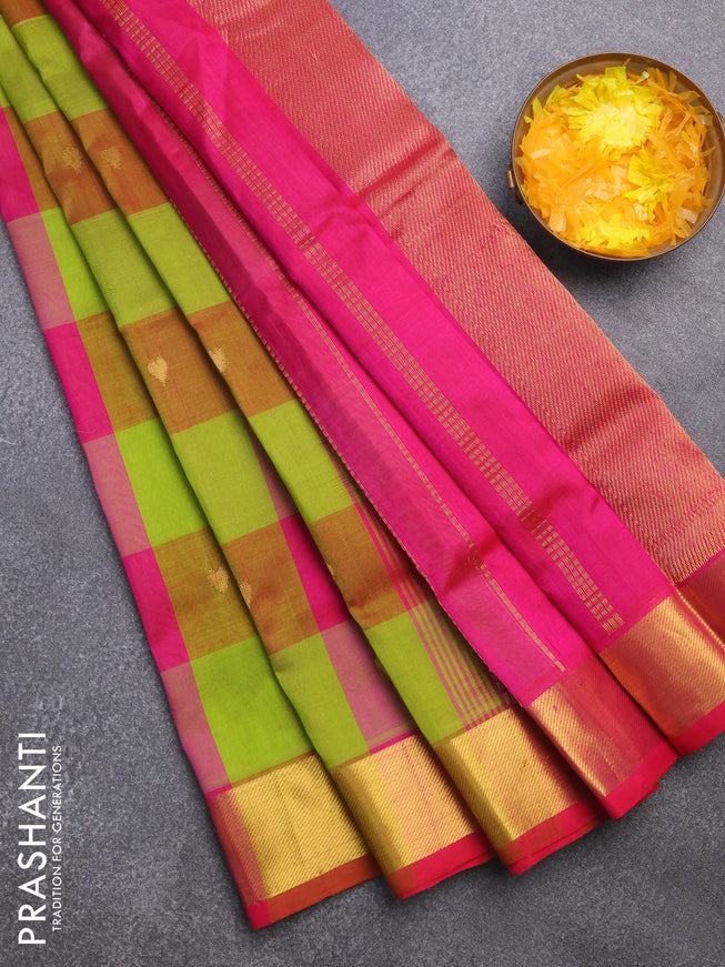 Silk cotton saree mehendi green and pink with allover paalum pazhamum checks & zari buttas and zari woven border