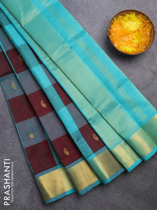 Silk cotton saree deep maroon and teal blue with allover paalum pazhamum checks & zari buttas and zari woven border