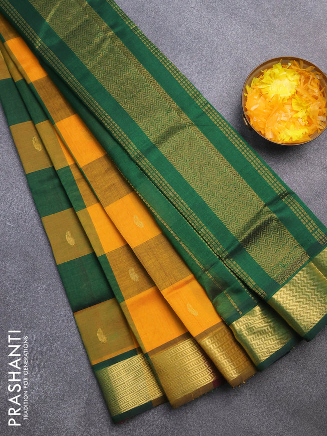 Silk cotton saree multi colour and green with allover paalum pazhamum checks & zari buttas and zari woven border